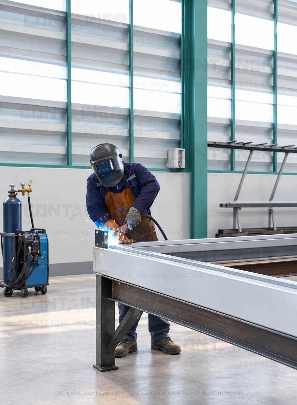 ช่างเชื่อมฐานพื้นของยูนิตเฮาส์ในโรงงาน Container To Build