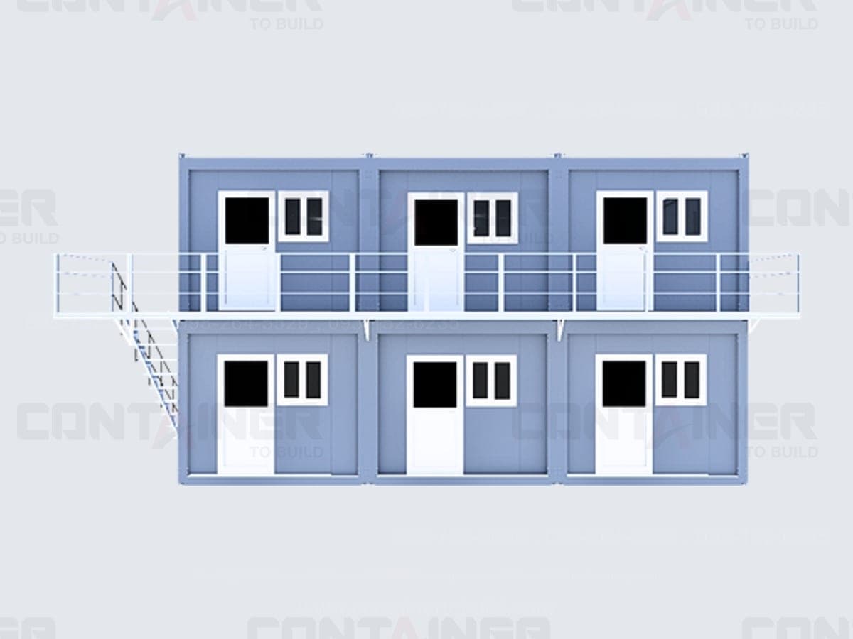 ภาพจำลองตู้ห้องพักให้เช่า 2 ชั้น 6 ห้อง ชั้นละ 3 ห้อง มีระเบียงด้านหน้าและบันได