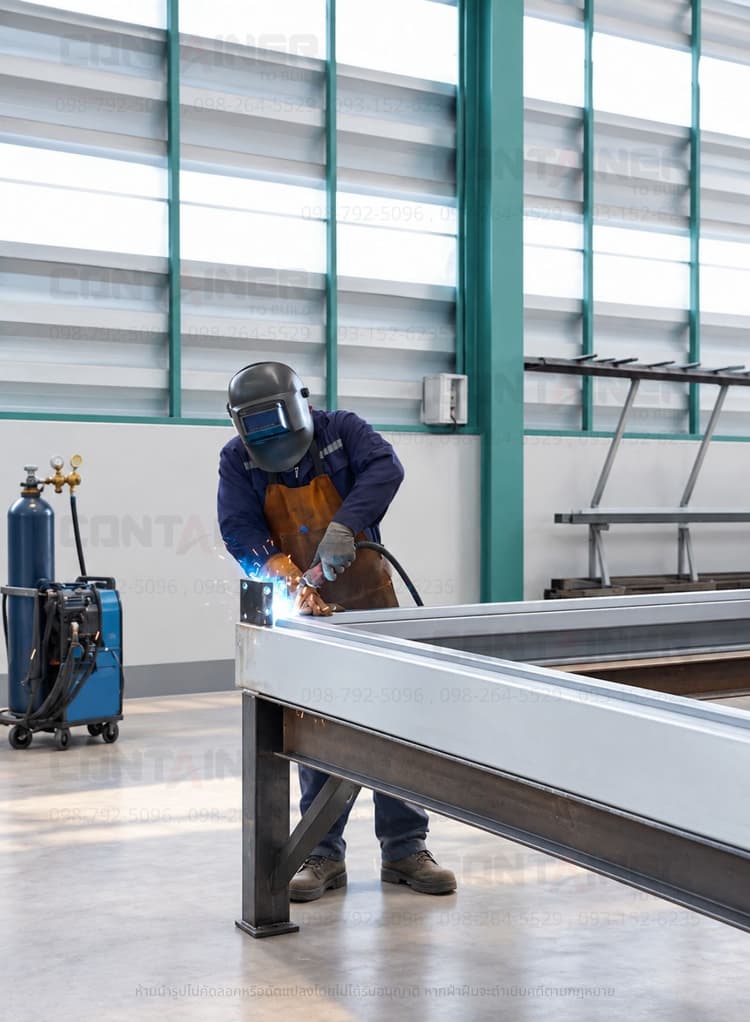 A welder in full protective clothing and helmet welding the steel frame of a prefabricated container unit at the Container To Build factory